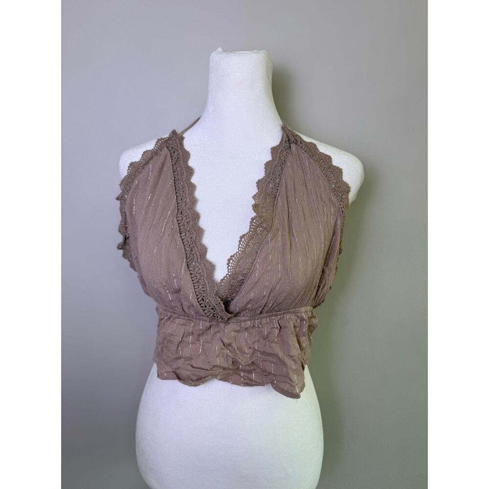 Fairycore Beige Shimmer Halter Crop Top Lace Boho Cottagecore L - Picture 2 of 5